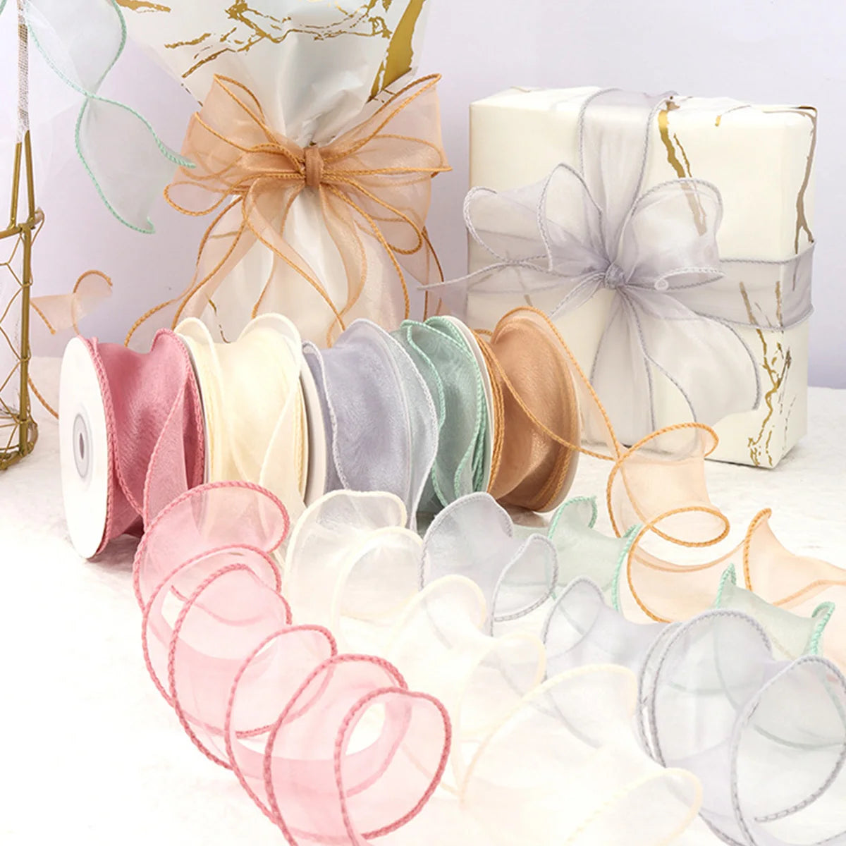 Ruban en organza transparent avec bordure dorée, 10 m, pour emballage cadeau, bouquet de mariée, décoration de Noël