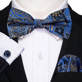 Barry.Wang Navy Royal Sky Blue Silk Mens Bow Tie Jacquard Paisley Floral Pre-Tied Bowtie Hanky Cufflinks Set Wedding Business