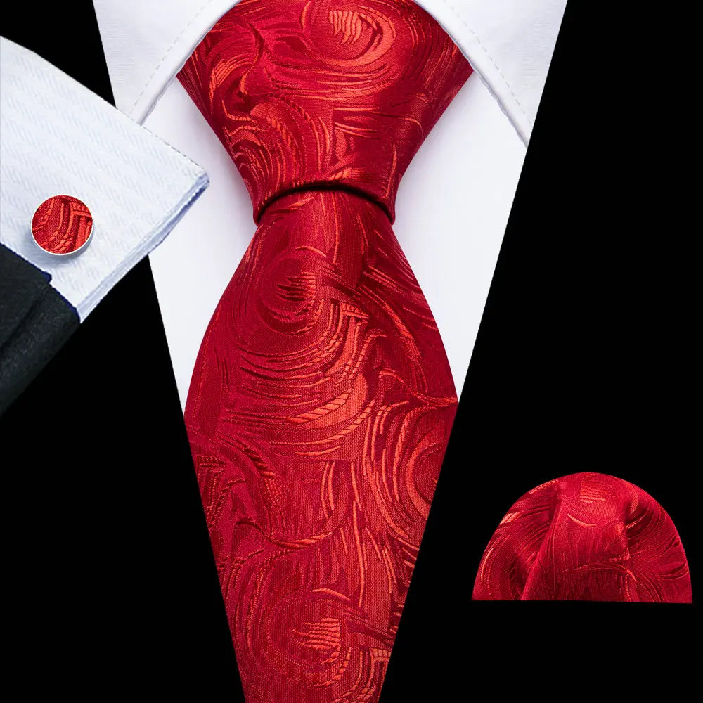 Barry.Wang Ensemble cravate et boutons de manchette en soie pour homme, motif jacquard, rouge, bordeaux, rose, pour mariage, affaires, fête