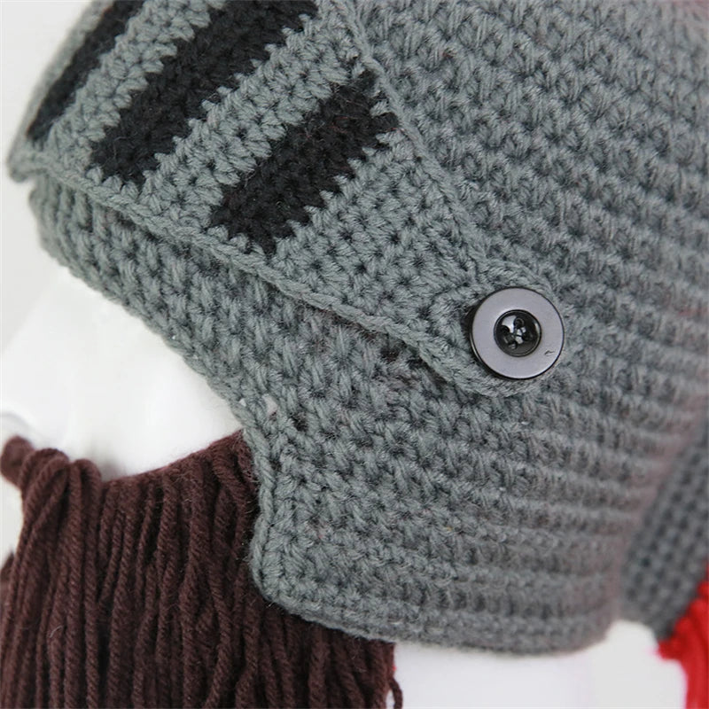 Red Tassel Cosplay Roman Knight Knit Helmet Men Cap Original Barbarian Handmade Winter Warm Beard Hats Funny Beanies Party Gifts