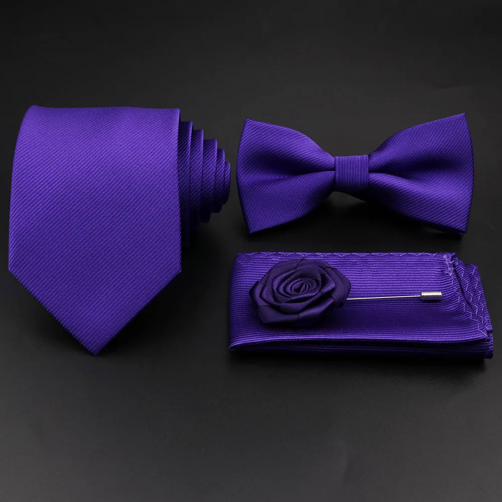 Hot Sale Red Blue Tie Set Polyester Slim Striped Necktie Bowtie Cufflink Brooch For Groom Suit Wedding Cravat Shirt Accessory
