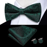 Hi-Tie Nœuds papillon verts de Noël pour hommes Cravate papillon en soie Ensemble de boutons de manchette et mouchoirs pour fête de mariage Nœud papillon uni à carreaux cachemire
