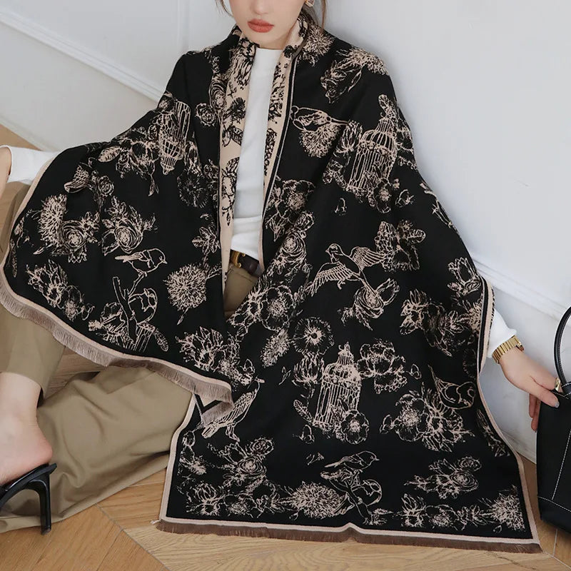 Bufanda de lujo con estampado floral para mujer, cálida, de cachemira, pashmina, para invierno, manta gruesa, 2023
