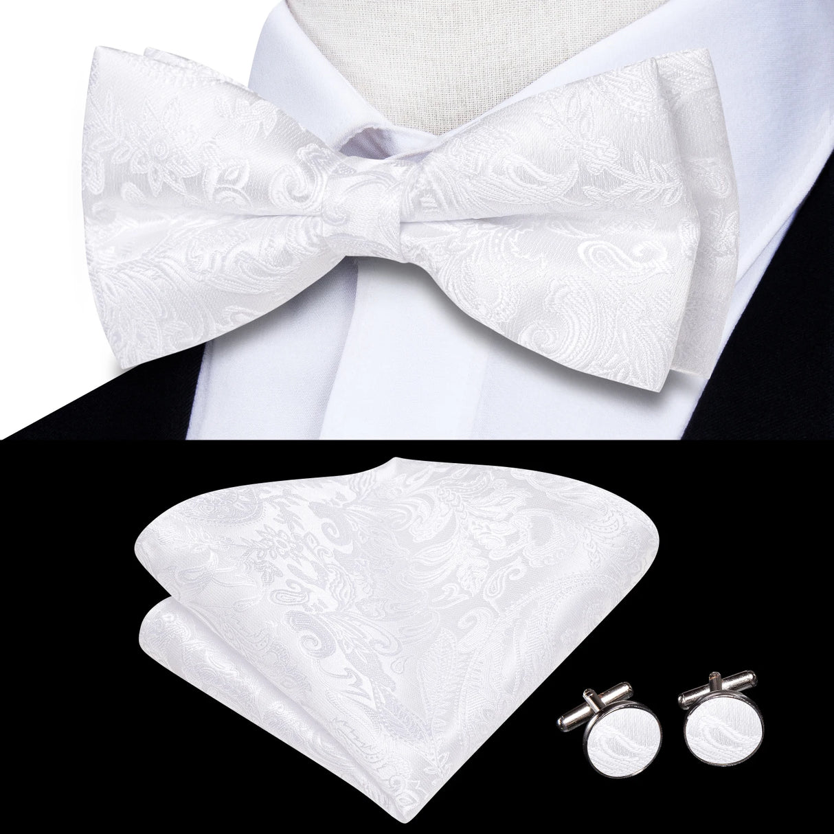 Hi-Tie Black White Silver Grey Brown Silk Mens Bow Tie Hankerchief Cufflinks Set Pre-tied Butterfly Knot Adjustable Bowtie Male