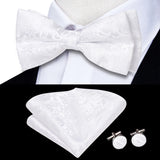 Hi-Tie Black White Silver Grey Brown Silk Mens Bow Tie Hankerchief Cufflinks Set Pre-tied Butterfly Knot Adjustable Bowtie Male
