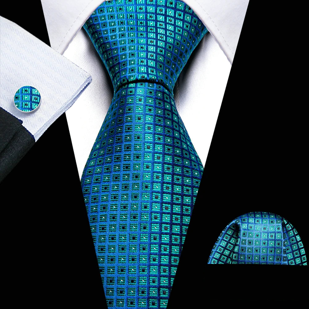 Cravate fantaisie en soie bleu sarcelle pour homme, marque de luxe solide, pochette, boutons de manchette, ensemble de cravates de haute qualité pour fête de mariage Barry.Wang