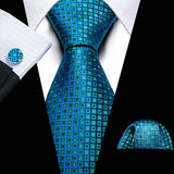 Cravate fantaisie en soie bleu sarcelle pour homme, marque de luxe solide, pochette, boutons de manchette, ensemble de cravates de haute qualité pour fête de mariage Barry.Wang