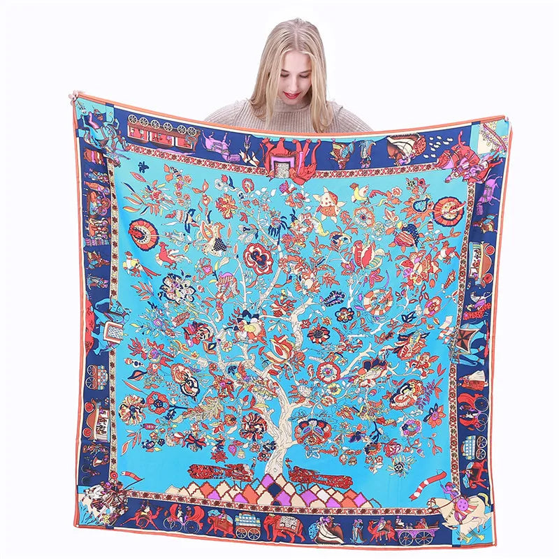 LESIDA Foulard en soie pure pour femme, grand châle, imprimé arbre, carré, bandana, 130 x 130 cm, 1303