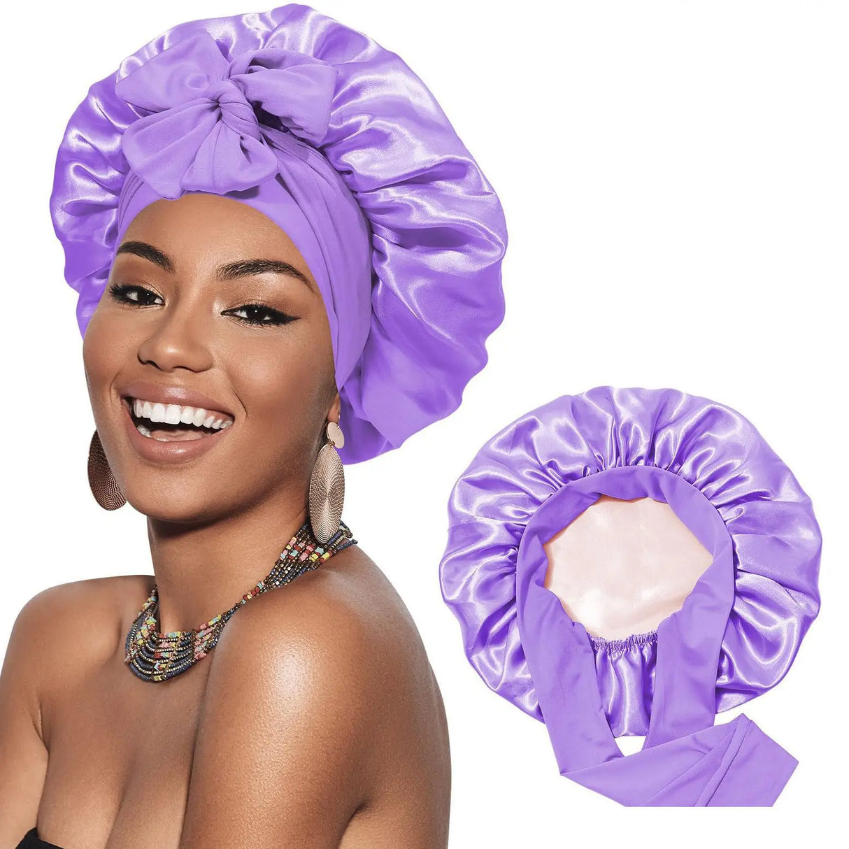 Bonnet de nuit en satin double épaisseur pour femme, bonnet de nuit rond, couvre-chef réversible