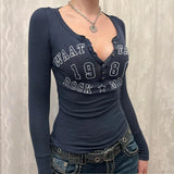 Black T-shirt Women Autumn Letter Print Streetwear Long Sleeves O-Neck Bodycon Sexy Top Button Fashion Casual Slim Tees Female