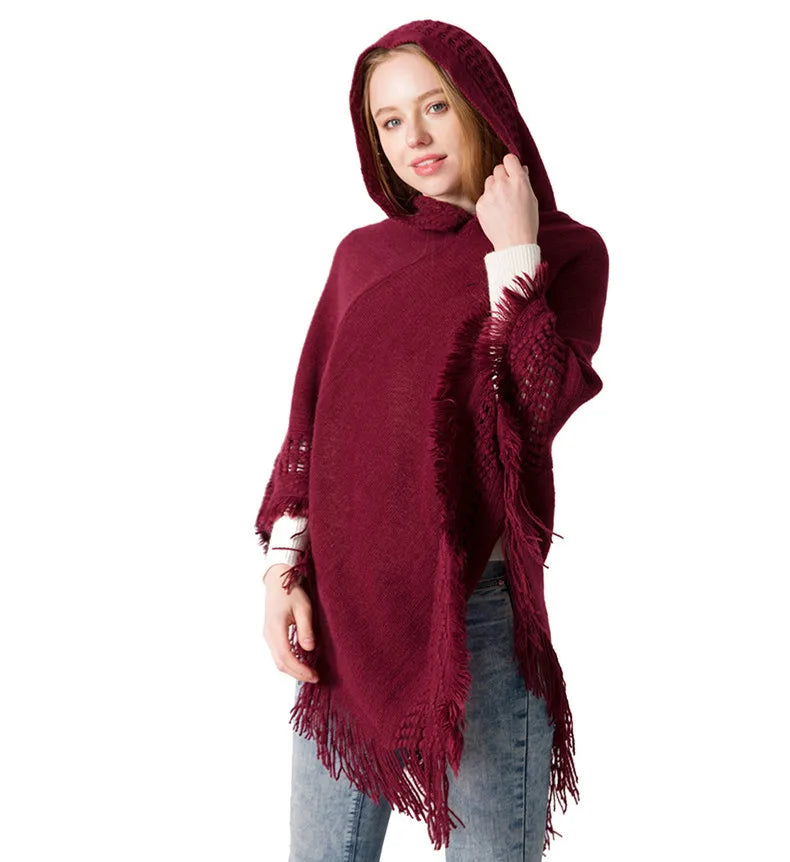 Cape à capuche tricotée pour femme, nouvelle collection automne et hiver, châle, couleur unie, tricot une pièce, grand châle