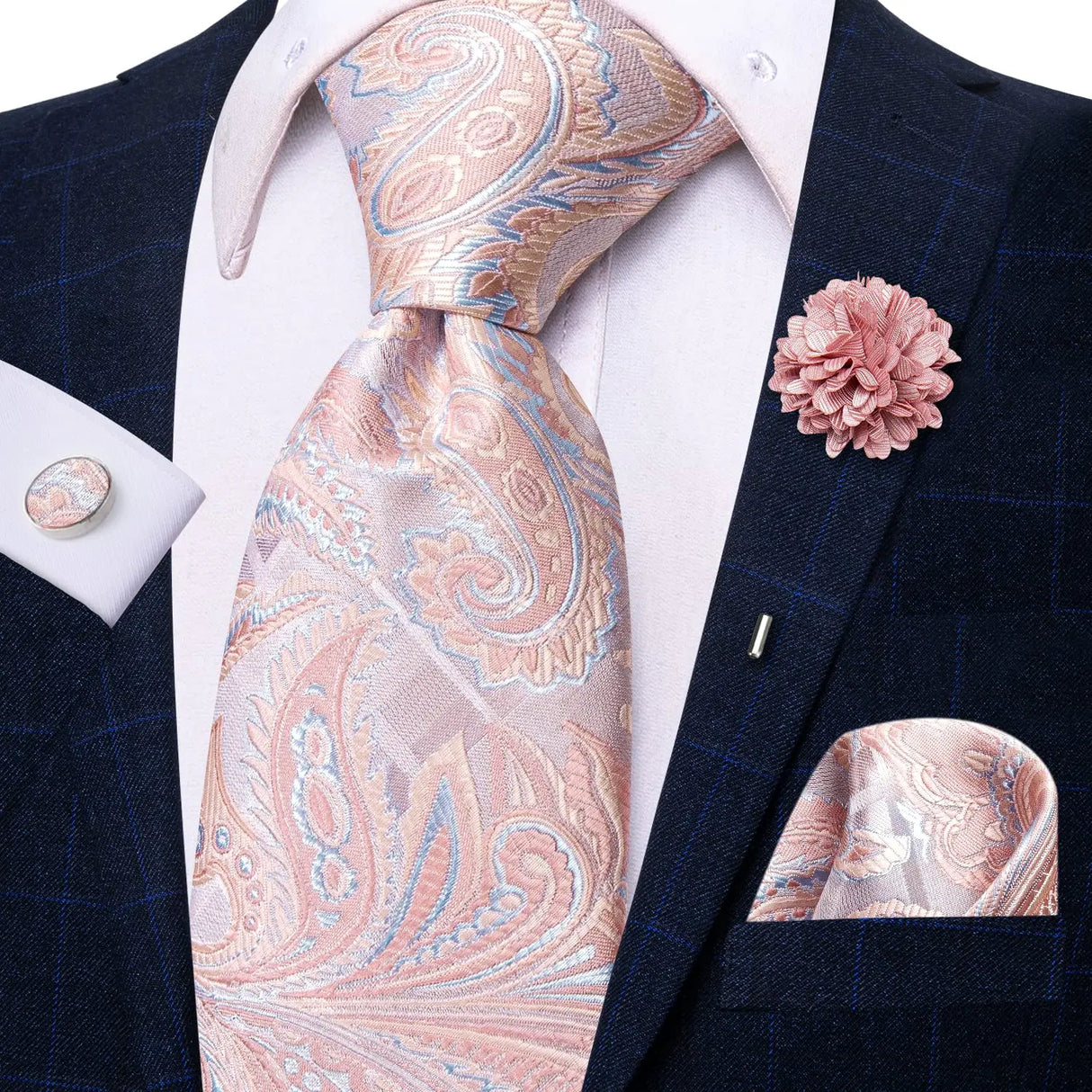 Cravate rose cachemire avec broche en soie, élégante cravate de mariage pour homme, bouton de manchette pratique, mode affaires fête, créateur de cravate haute