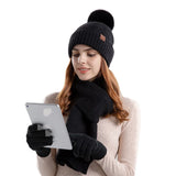 Ensemble de 3 pièces pour femme, bonnet, gants, écharpe, tricot en velours, accessoires de maintien au chaud, protection auditive avec pompon en fausse fourrure