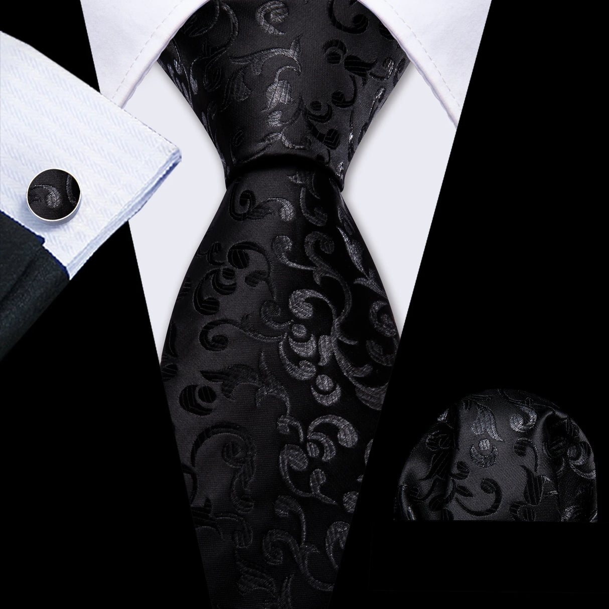 Cravate de mariage noire, dorée et rose pour homme, en soie florale, motif jacquard, pochette, boutons de manchette, pour soirée d'affaires, Barry.Wang
