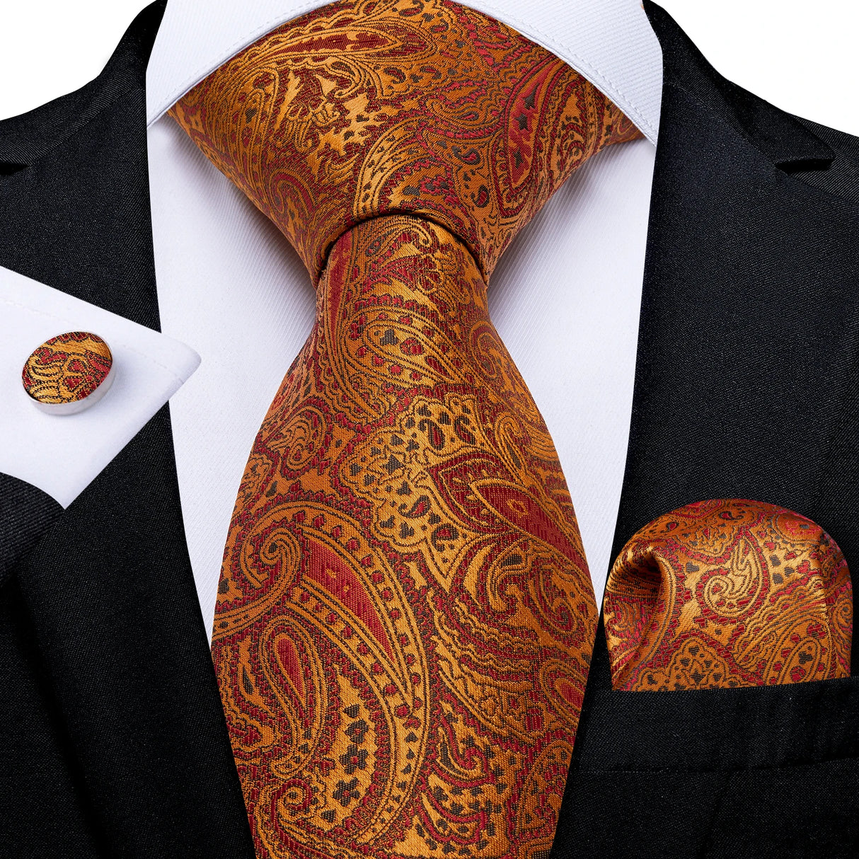 Cravate homme orange cachemire luxe soie polyester mariage bal 8 cm ensemble cravate pochette mouchoir boutons de manchette cadeau pour mari homme accessoire