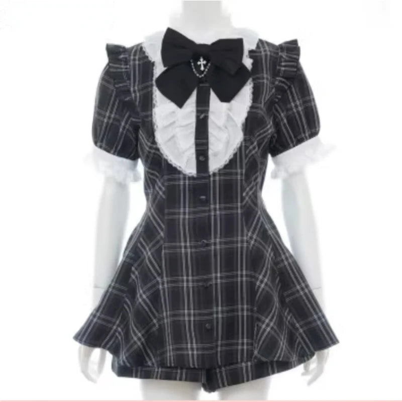Robe style gothique japonais Y2K Lolita à carreaux avec nœud en strass et short, ensemble doux pour femmes, chemise à manches courtes bouffantes et boutons, robes de soirée