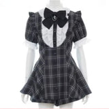 Robe style gothique japonais Y2K Lolita à carreaux avec nœud en strass et short, ensemble doux pour femmes, chemise à manches courtes bouffantes et boutons, robes de soirée