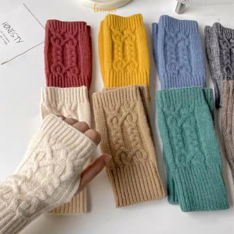 Gants longs sans doigts pour femmes, mitaines d'hiver épaisses, tricotées torsadées, manches chaudes, fines, décontractées, douces, unisexes