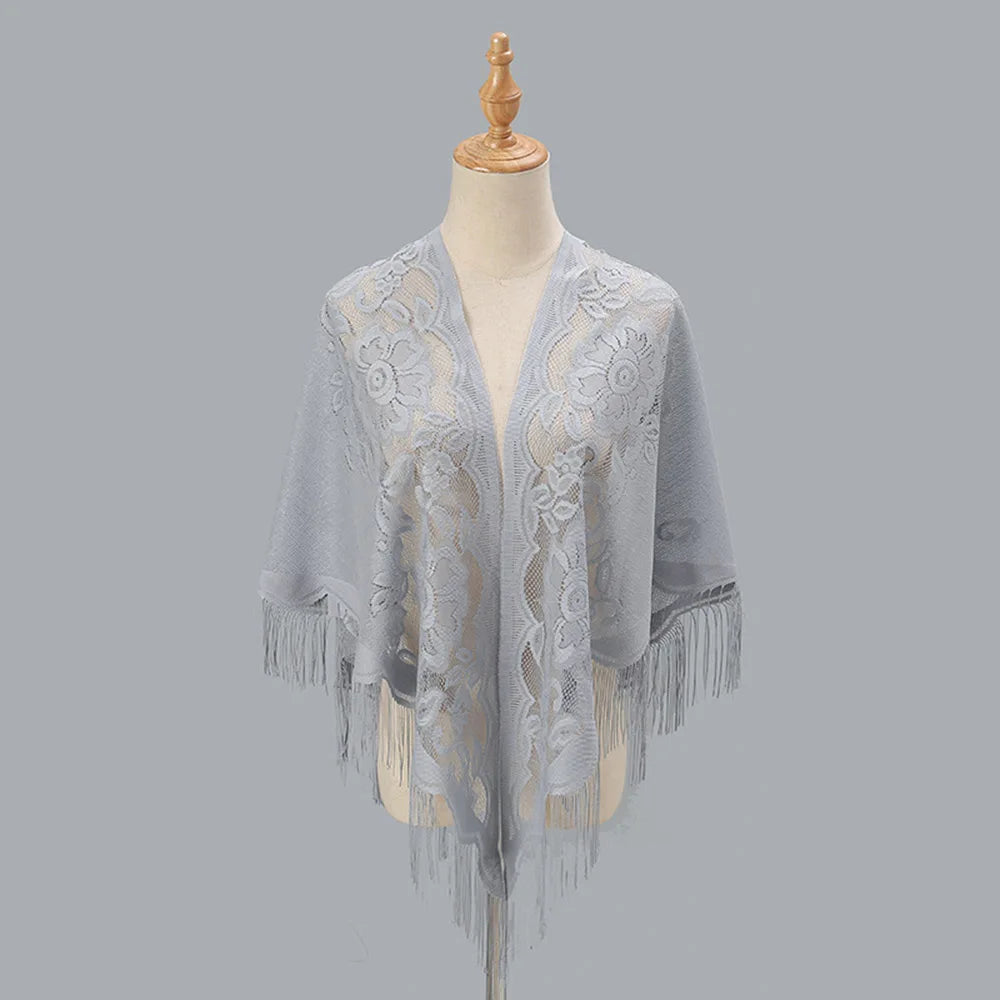 Foulard triangulaire en dentelle pour femme, transparent, ajouré, respirant, longue frange, hijab musulman, couleur unie, robe de soirée, châle