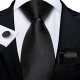 Cravate noire unie pour homme, 8 cm de large, en polyester, pour affaires, mariage, fête, pochette, boutons de manchette, cadeau pour mari