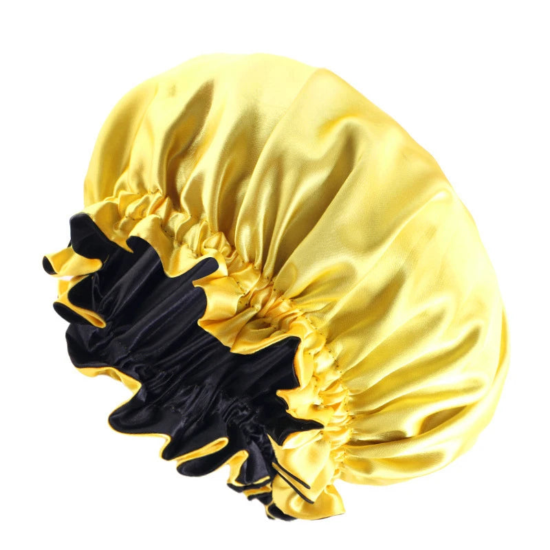 New Solid Elastic Double Layer Satin Bonnet Nightcap Women Night Sleep Hair Protection Hat Reversible Sleeping Hat Hair Care New