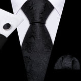 Cravates en soie noire pour hommes, classiques, solides, tissées de haute qualité, avec pochette et boutons de manchette, pour soirées formelles, design Barry.Wang