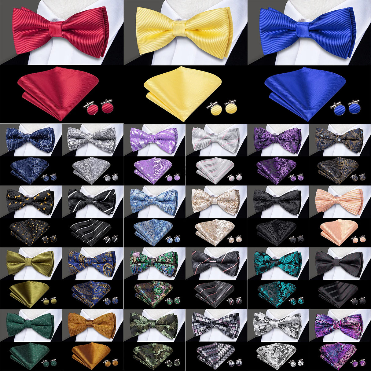 Hi-Tie Marque Soie Pré-noué Homme Nœud Papillon Mouchoir Boutons de Manchette Ensemble Nœud Papillon pour Homme Jacquard Solide Cachemire Floral Mariage Cadeau d'Affaires