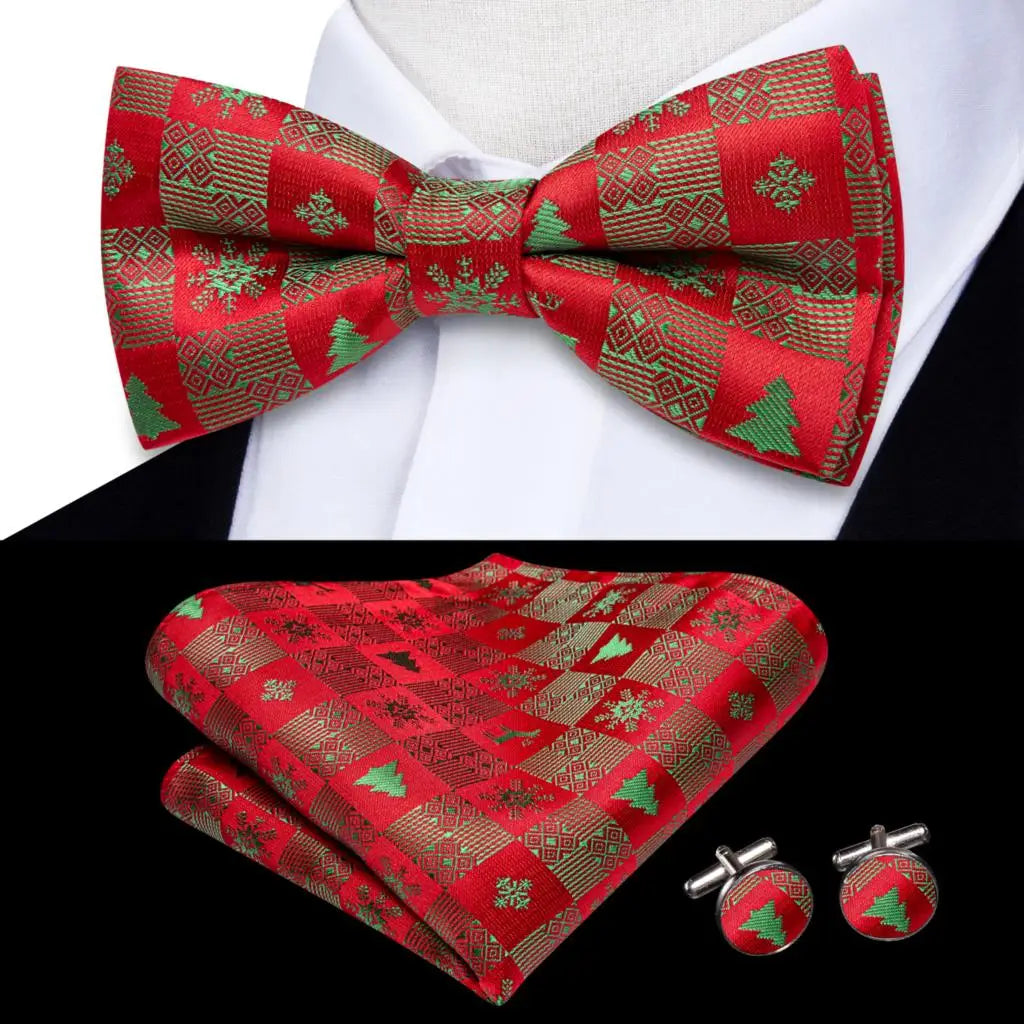 Hi-Tie Nœuds papillon verts de Noël pour hommes Cravate papillon en soie Ensemble de boutons de manchette et mouchoirs pour fête de mariage Nœud papillon uni à carreaux cachemire