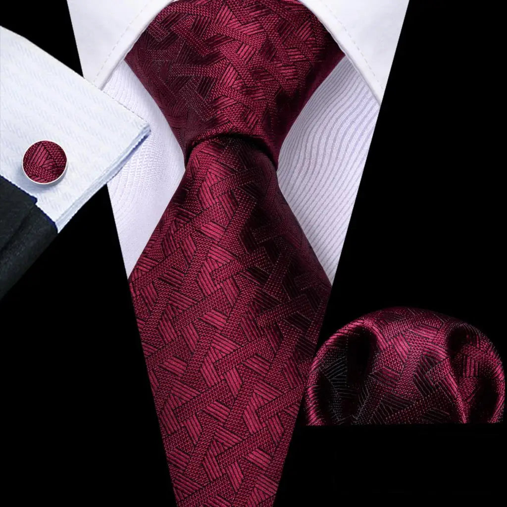 Barry.Wang Ensemble cravate et boutons de manchette en soie pour homme, motif jacquard, rouge, bordeaux, rose, pour mariage, affaires, fête