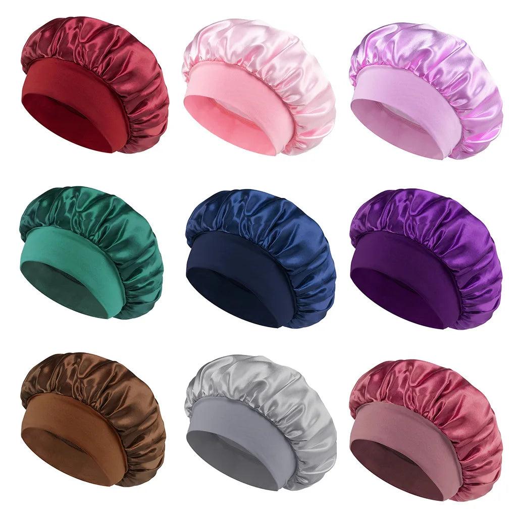 Adjust Solid Satin Bonnet Hair Styling Cap Long Hair Care Women Night Sleep Hat Silk Head Wrap Shower Cap Hair