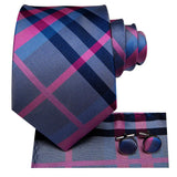 Mens Necktie Luxury 8.5cm Wide Blue Purple Plaid Silk Wedding Tie Pocket Square Cufflink Set Brooch Gift For Men Hi-Tie Designer