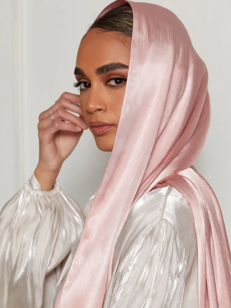 Plissierter, zerknitterter Satin-Hijab-Schal, Medina-Seidenschals, einfarbige Tücher, Stirnband, Schal, Wickeltuch, muslimische Frauen, Schleier, Turban, Hijabs