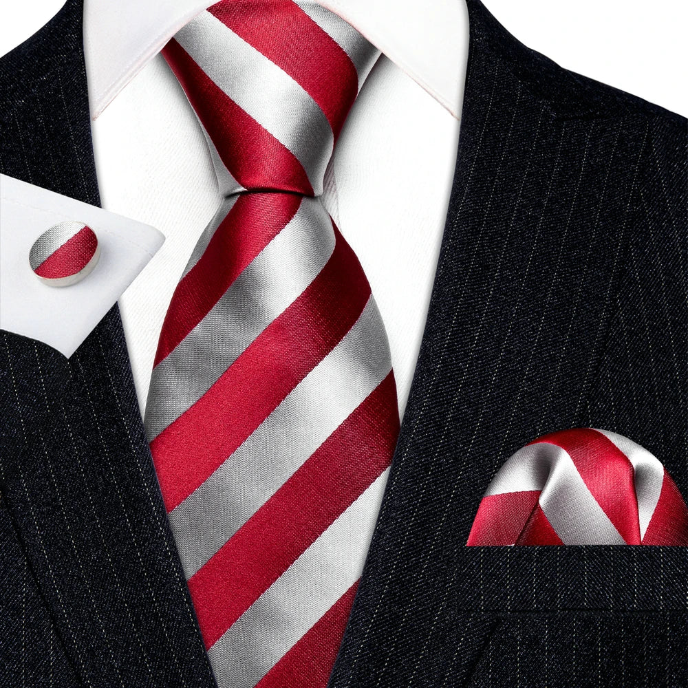 Silk Men Tie Set Blue Red Green Black White Ivory Teal Burgundy Striped Wedding Business Necktie Hanky Cufflinks Barry. Wang