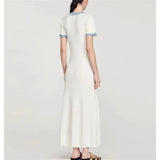 Elegant Contrasting Women Knit Maxi Dress Chic O-neck Short Sleeve Metal Buttons Bodycon Dresses Office Lady Commuting Robe