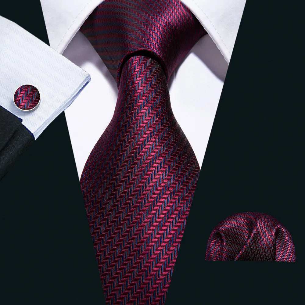 Silk Men Tie Set Blue Red Green Black White Ivory Teal Burgundy Striped Wedding Business Necktie Hanky Cufflinks Barry. Wang