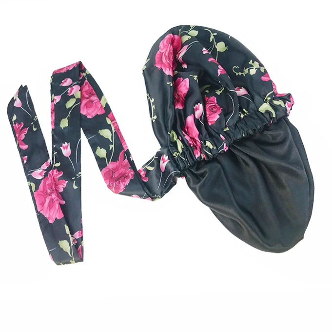 Bonnet en satin doux et soyeux pour femme, grand bonnet de nuit avec long ruban de satin, bandeau large et réglable