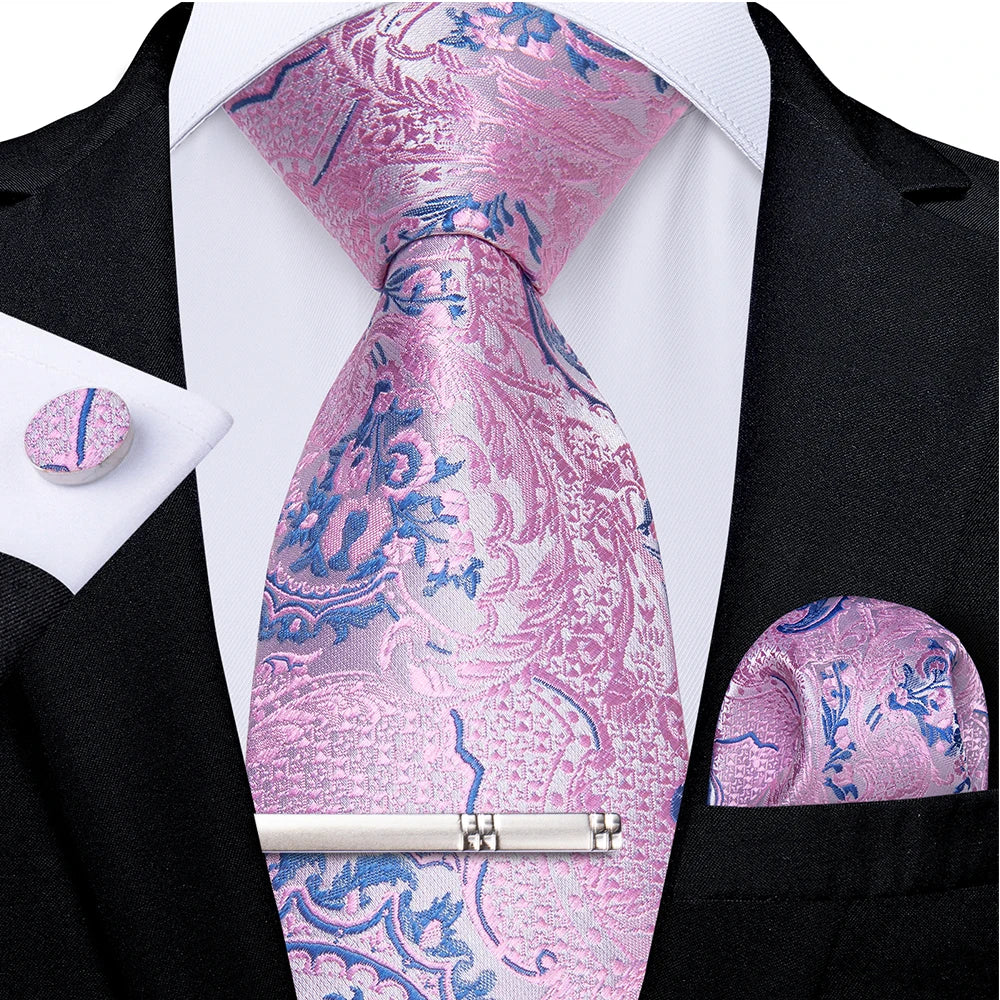 Ensemble cravate homme en soie à rayures roses, motif floral, motif cachemire uni, 8 cm, mouchoir, boutons de manchette, accessoires de mariage, de bal, cravate