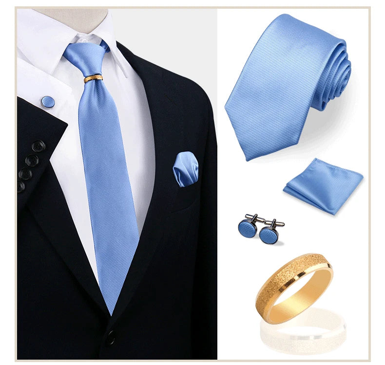 Ensemble de cravates en soie de luxe pour hommes, cravate, mouchoir, boutons de manchette avec anneau en métal doré, broche, costume, fête de mariage, accessoires pour hommes
