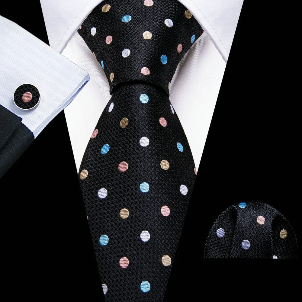 Cravates en soie noire pour hommes, classiques, solides, tissées de haute qualité, avec pochette et boutons de manchette, pour soirées formelles, design Barry.Wang