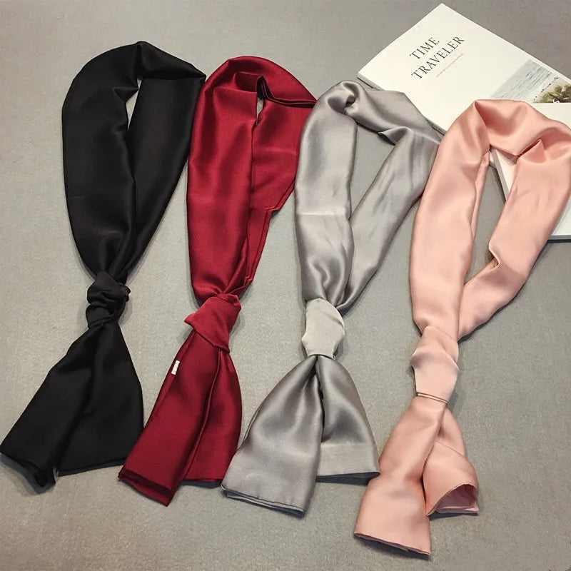 Foulard tendance pour femme, bandeau, foulard, sac en satin de soie, 145 x 15 cm, long, noir, rouge, rose