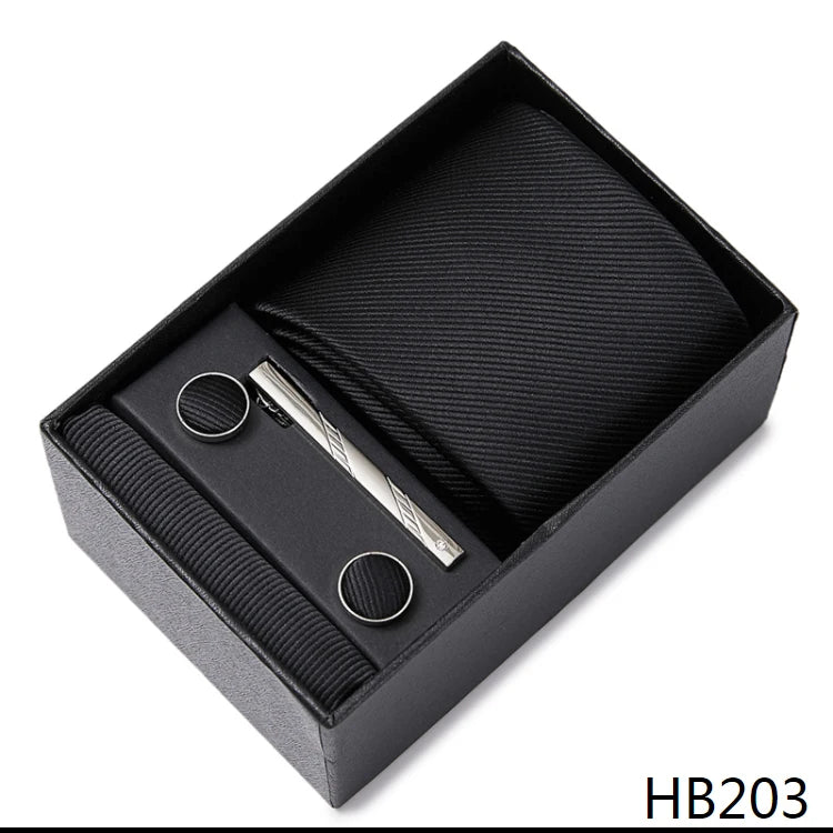 Cravate pour homme, tout nouveau style, cadeau de mariage, ensemble de pochettes, boîte à cravates, accessoires de costume noirs pour hommes