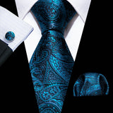 Cravate fantaisie en soie bleu sarcelle pour homme, marque de luxe solide, pochette, boutons de manchette, ensemble de cravates de haute qualité pour fête de mariage Barry.Wang