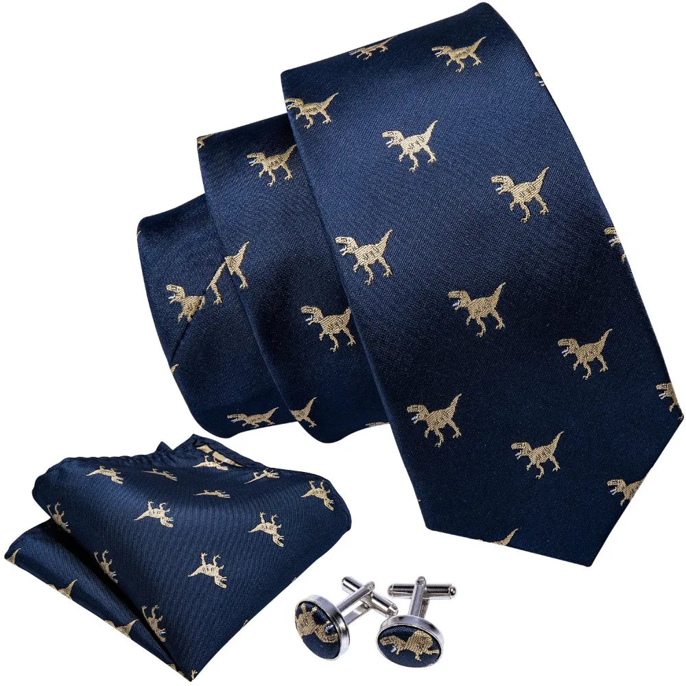Ensemble de cravates pour homme, motif dinosaure, bleu marine et doré, 8,5 cm, en soie, idéal pour un mariage, FA-5191