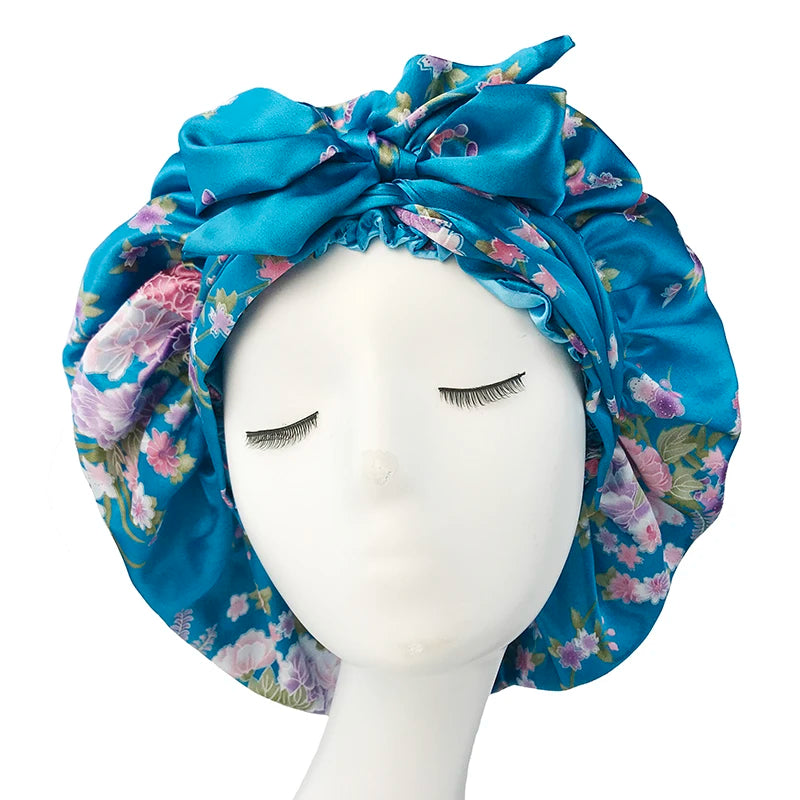 Bonnet en satin doux et soyeux pour femme, grand bonnet de nuit avec long ruban de satin, bandeau large et réglable