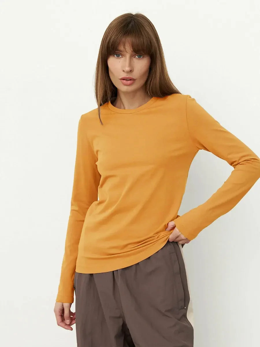 Wolfeel Women's Spring Autumn 100% Cotton T-shirt Bottoming Basic Solid Lady Long Sleeve Loose Tops Shirts Oversized T Shirt