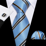 New Blue Silk Ties High Quality For Men Classic Plaid Woven Handkerchife Cufflinks Sets Groom Wedding Designer Barry.Wang 1535