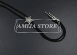 Vintage Bolo Tie Shirt Chain Cowboy Jazz Alloy Men Women Leather Rope Long Necklace Imitation Obsidian Sweater Chain Men Accesso