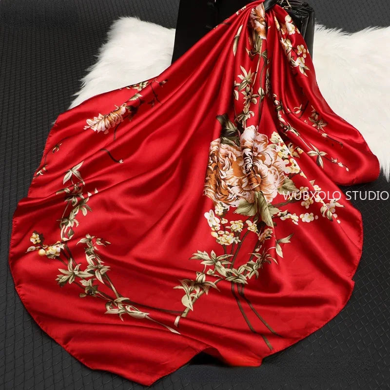 Châles carrés et écharpes à imprimé floral pour femmes, 90 x 90 cm, en satin de soie, bandanas pour la tête