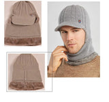 Fashion Flat Brim Men's Solid Colour Hat Winter Warm Woolen Ski Warm Hat Ear Plugs Windproof Scarf and Mask in one Knitted Cap
