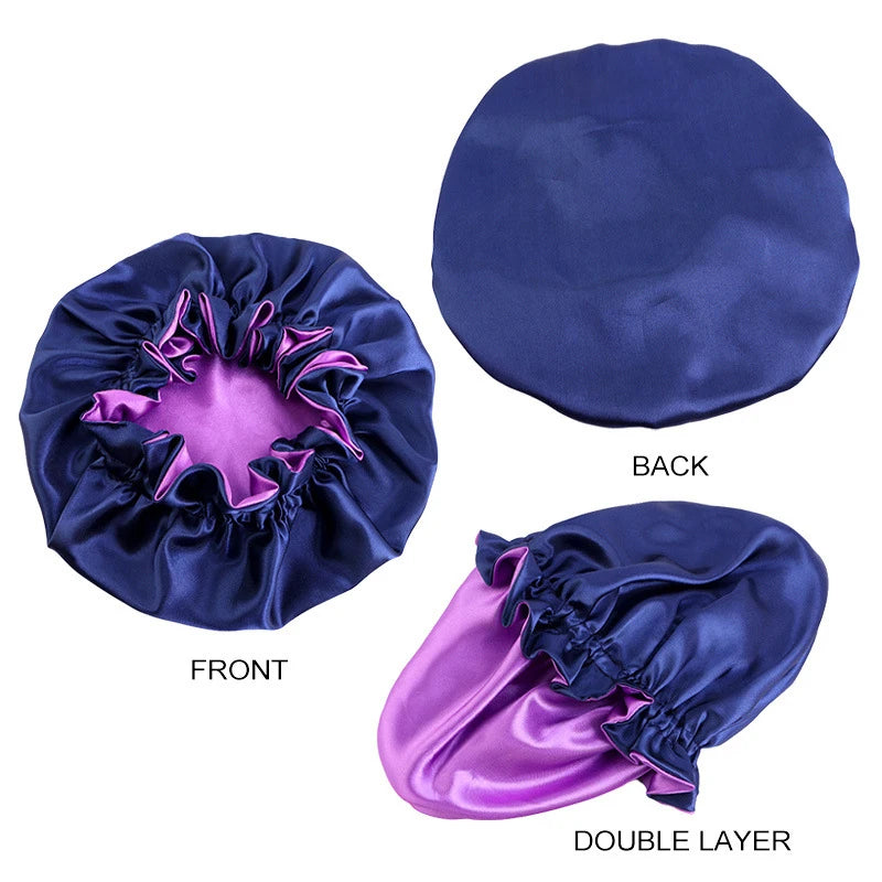New Solid Elastic Double Layer Satin Bonnet Nightcap Women Night Sleep Hair Protection Hat Reversible Sleeping Hat Hair Care New